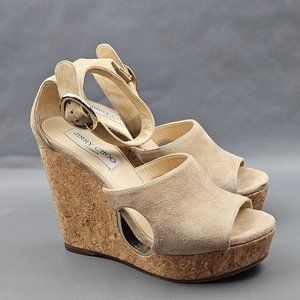 Jimmy Choo Neyo Platform Wedge Cork Sandals Size 9.5 Suede Ankle Strap Heels